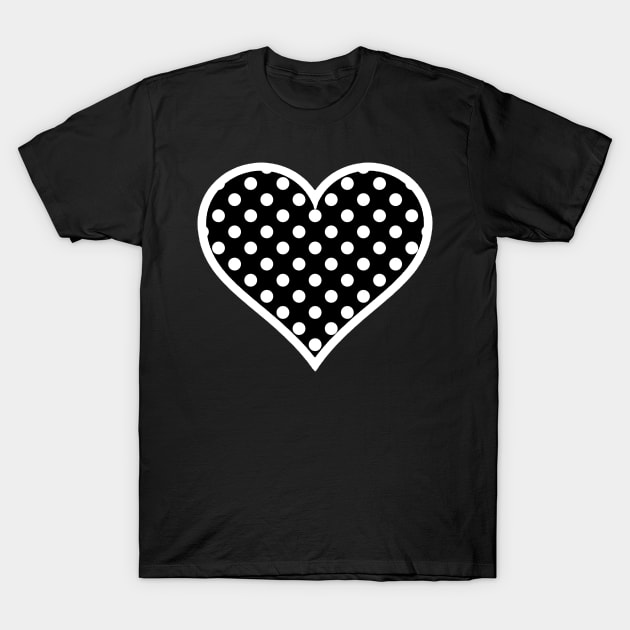 White Polka Dot on Black Heart T-Shirt by bumblefuzzies